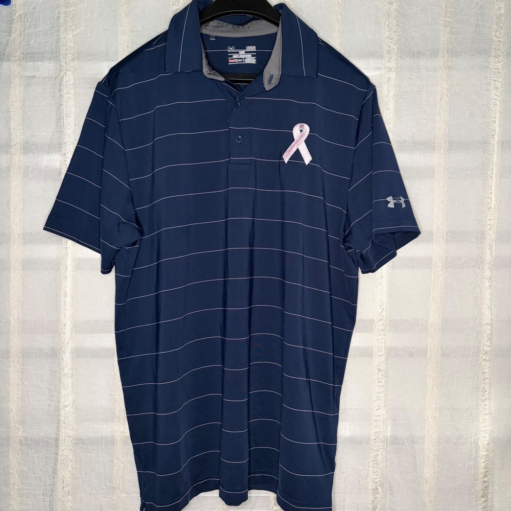 Under Armour Polo Shirt Mens Large Navy Blue Excellent Pink Ribbon Striped